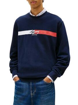 Felpa Tommy Jeans Sign Stripe blu scuro per uomo