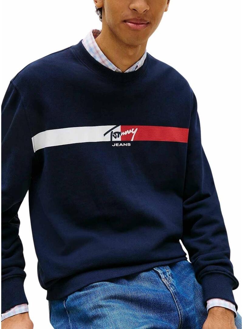 Felpa Tommy Jeans Sign Stripe blu scuro per uomo