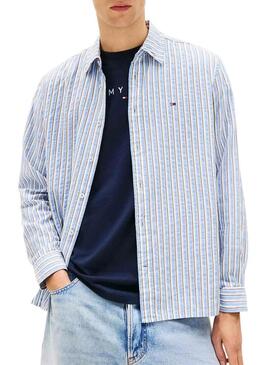 Camicia Tommy Jeans Seersucker a righe blu per uomo