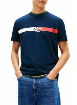 Maglietta Tommy Jeans Signature Stripe blu marino per uomo