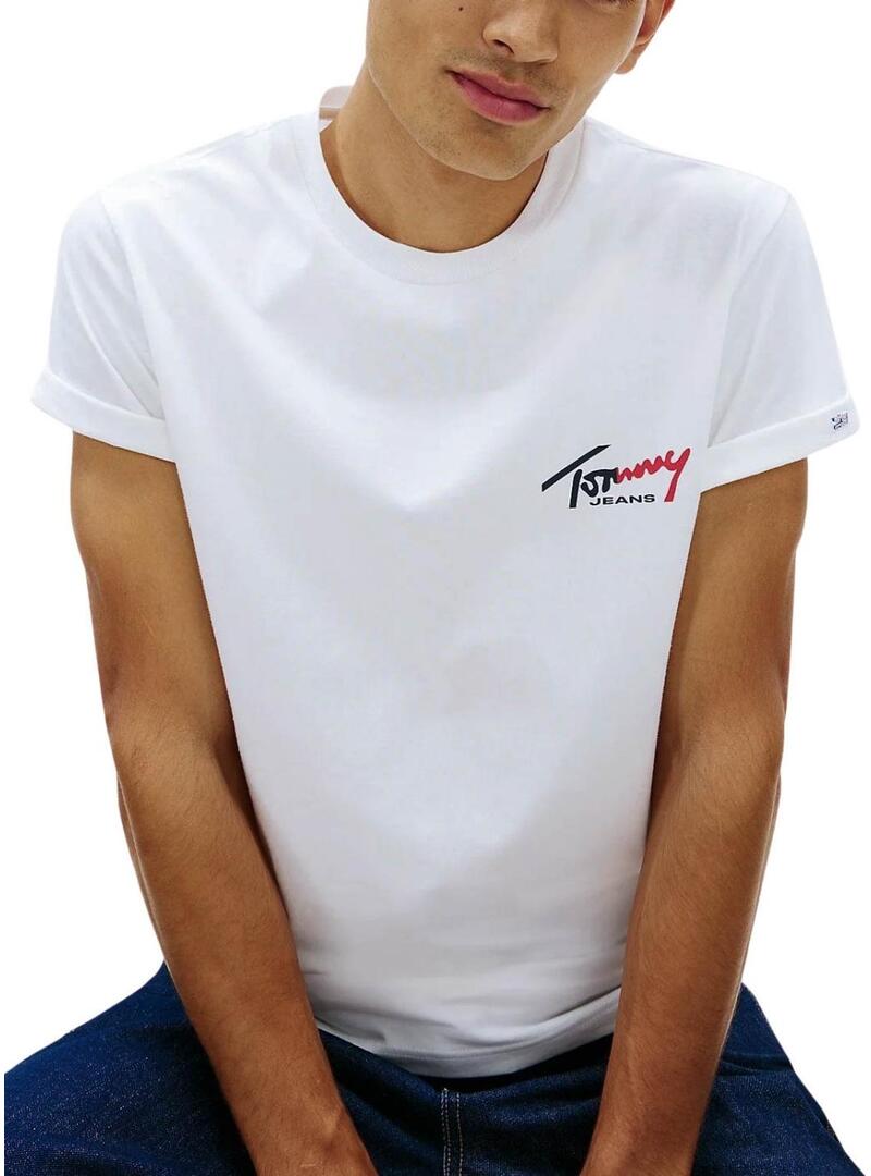 Maglietta Tommy Jeans Sign Chest Slim bianca per uomo.
