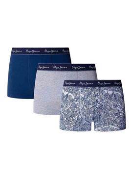 Confezione di tre boxer Pepe Jeans Map blu e grigi per uomo