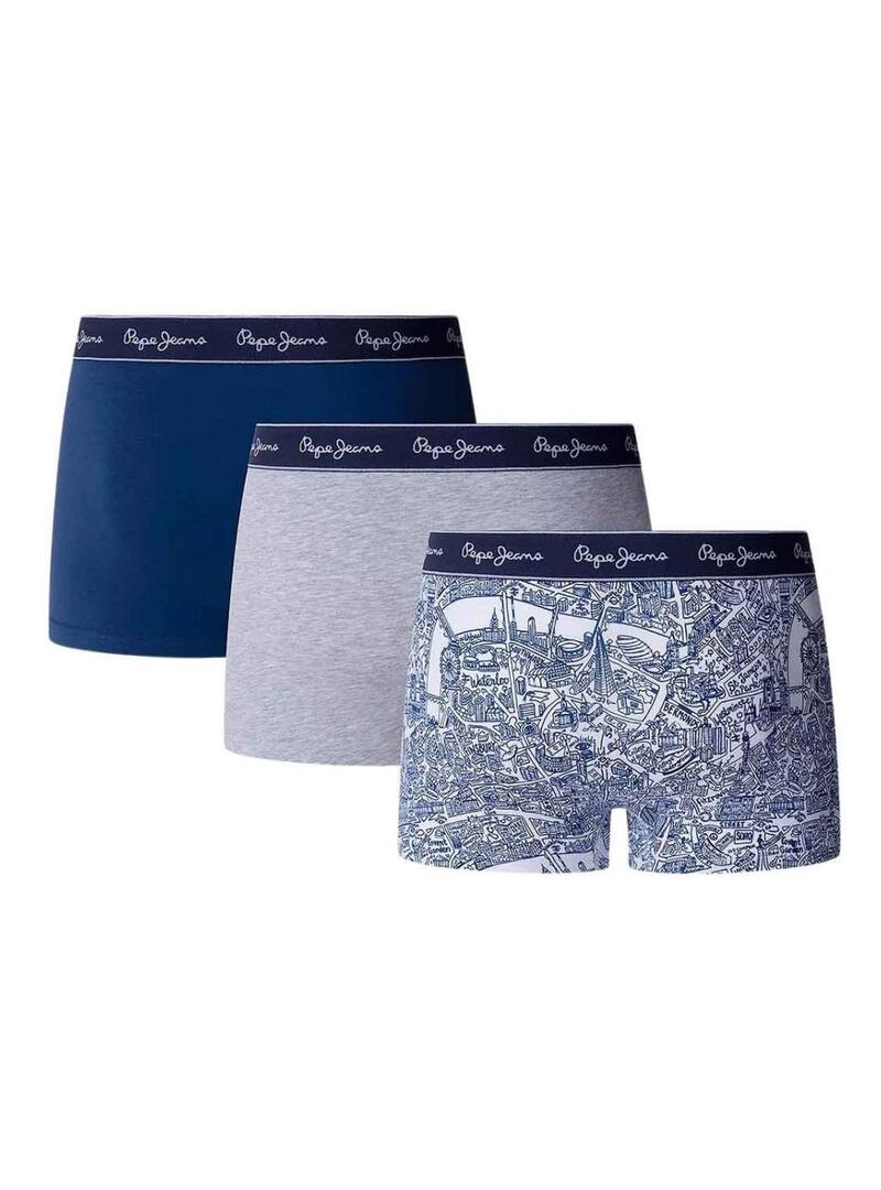 Confezione di tre boxer Pepe Jeans Map blu e grigi per uomo