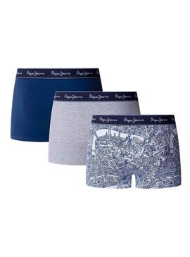 Confezione di tre boxer Pepe Jeans Map blu e grigi per uomo