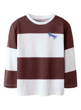 Maglietta a righe marrone e bianco Name It con skateboard per bambino