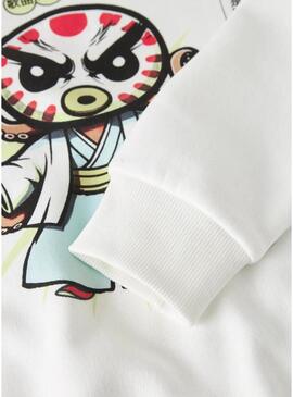 Felpa Name It con cappuccio disegno giapponese bianco sporco per bambino