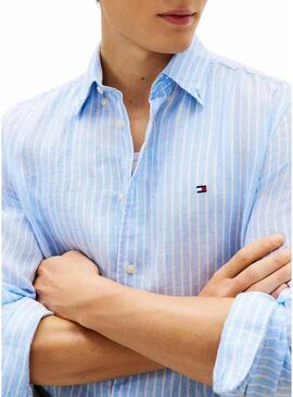 Camicia di lino a righe blu Tommy Hilfiger Linen Bengal per uomo
