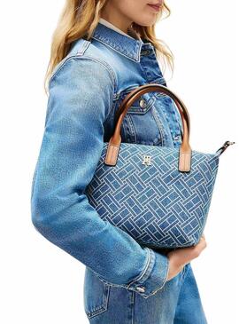 Borsa Tommy Hilfiger Popette monogramma mini blu per donna