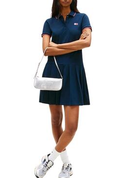 Vestito Tommy Jeans in piqué plissettato blu per donna