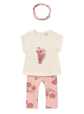 Set neonato maglietta, leggings e cerchietto con ciliege rosa per bambina.