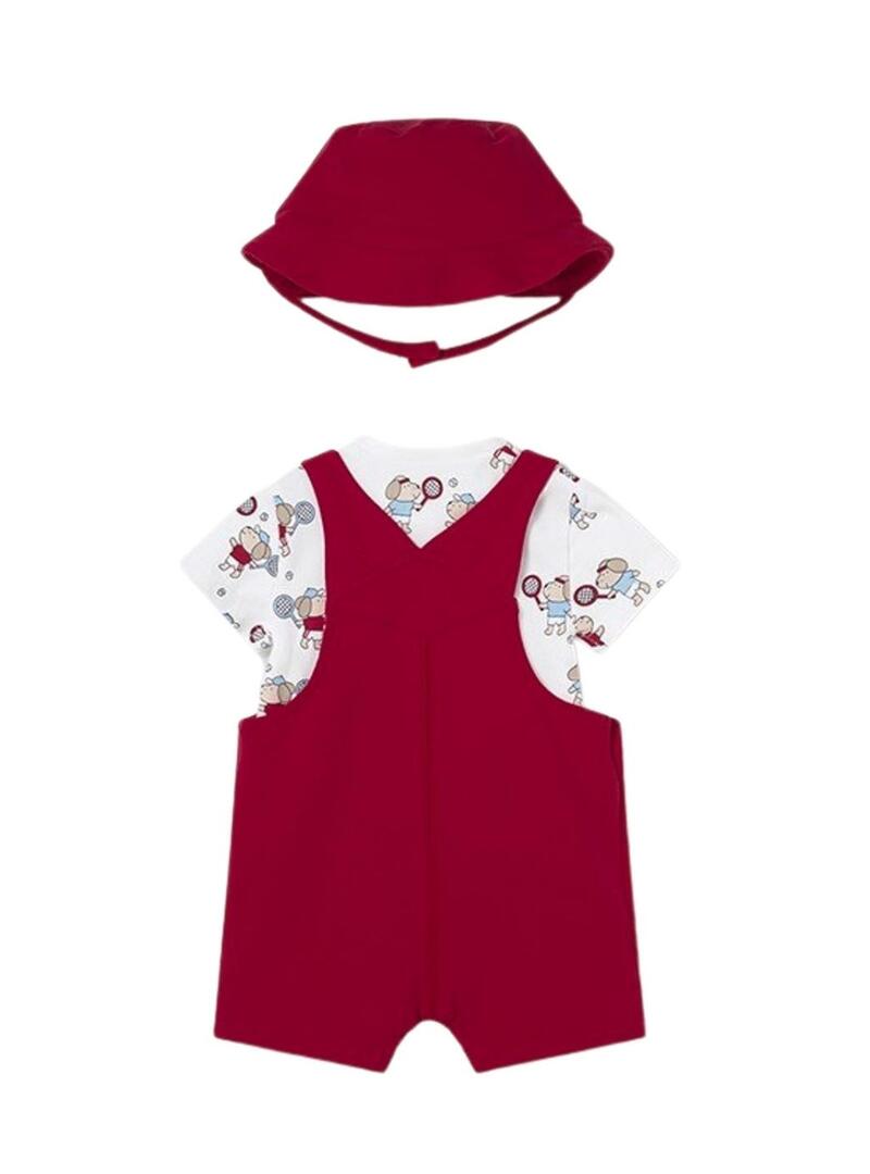 Set Mayoral con peto rosso, maglietta stampata e cappello per bambino.