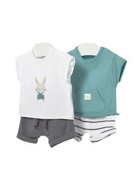 Pacco 4 pezzi bambino magliette e pantaloncini verde acqua e grigio