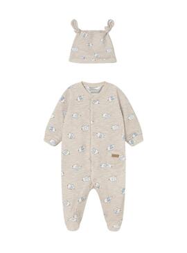 Set tutina e berretto Mayoral stampato elefanti color sabbia per neonato.