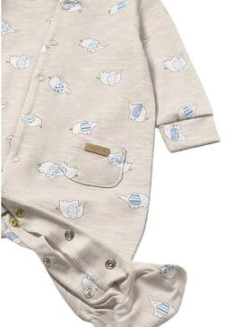 Set tutina e berretto Mayoral stampato elefanti color sabbia per neonato.