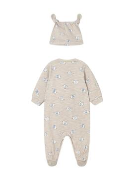 Set tutina e berretto Mayoral stampato elefanti color sabbia per neonato.