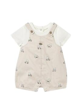 Set Mayoral salopette a righe con maglietta bianco sporco per bambino.
