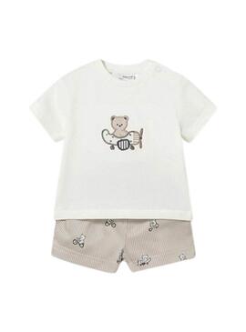 Set Mayoral maglietta con orsacchiotto e bermuda a righe beige per bambini