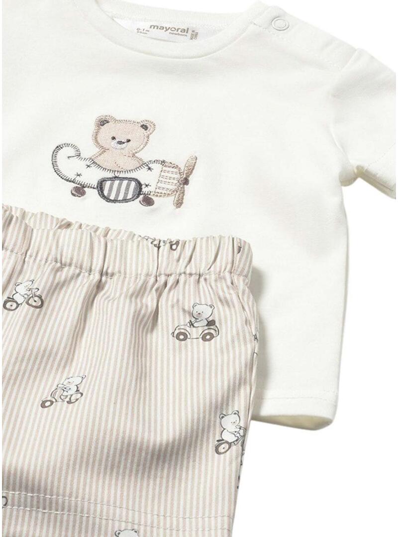 Set Mayoral maglietta con orsacchiotto e bermuda a righe beige per bambini