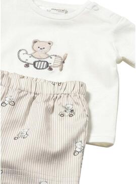 Set Mayoral maglietta con orsacchiotto e bermuda a righe beige per bambini