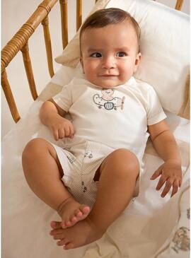 Set Mayoral maglietta con orsacchiotto e bermuda a righe beige per bambini