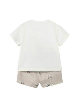 Set Mayoral maglietta con orsacchiotto e bermuda a righe beige per bambini