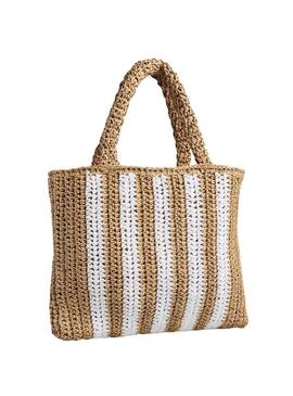 Borsa shopper Pieces Kia beige e bianca per donna