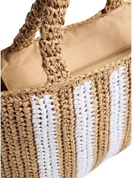 Borsa shopper Pieces Kia beige e bianca per donna