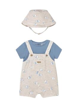 Set Mayoral pettorina elefanti beige e blu con cappello per neonati.