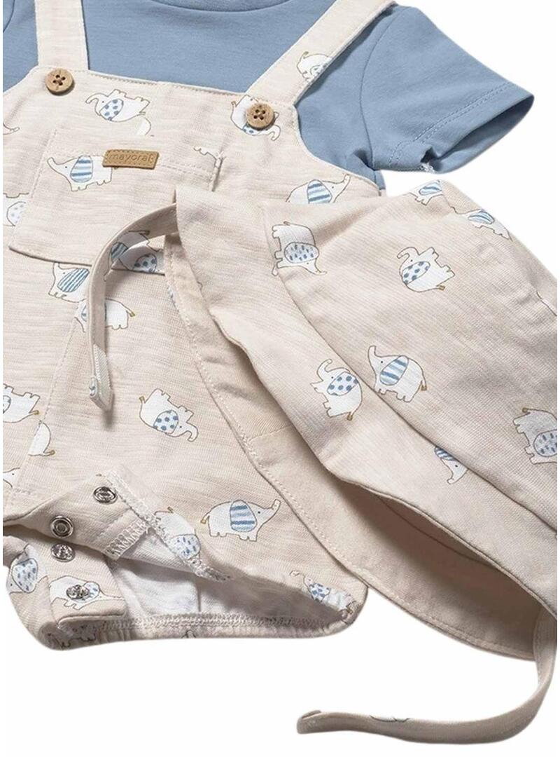 Set Mayoral pettorina elefanti beige e blu con cappello per neonati.