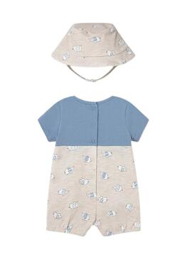 Set Mayoral pettorina elefanti beige e blu con cappello per neonati.
