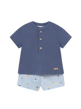 Set Mayoral maglietta blu e bermuda con barche per neonati