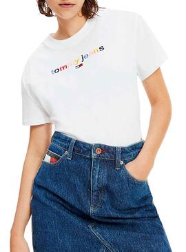 T-Shirt Tommy Jeans Cropped Logo Bianco Donna
