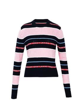 Maglia Tommy Jeans Logo Stripe Pink per Donna