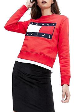 Felpe Tommy Jeans Flag Crew Rosso Per Donna