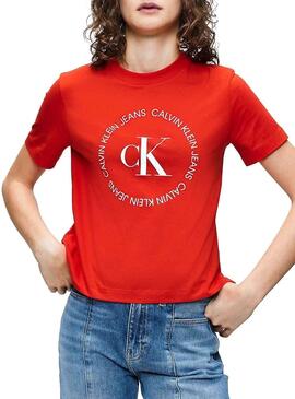 T-Shirt Calvin Klein Jeans Round Logo Rosso Donna