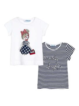 Set 2 T-Shirt Mayoral White e Blu Navy per Bambina