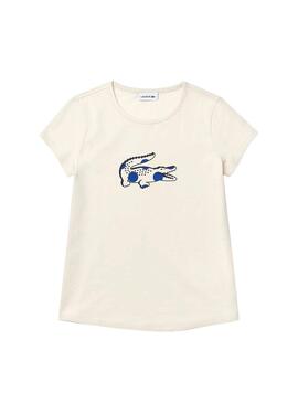 T-Shirt Lacoste Croco Beige per Bambina
