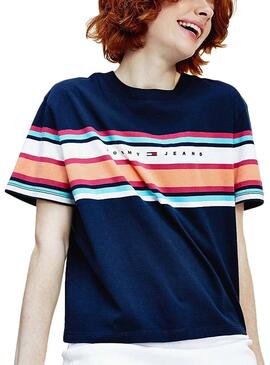 T-Shirt Tommy Jeans Stripe Logo Blu Navy Donna