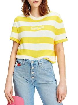 T-Shirt Tommy Jeans Stripe Giallo per Donna