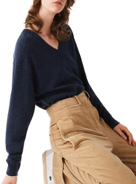 Pullover Lacoste V Neck Blu Navy per Donna
