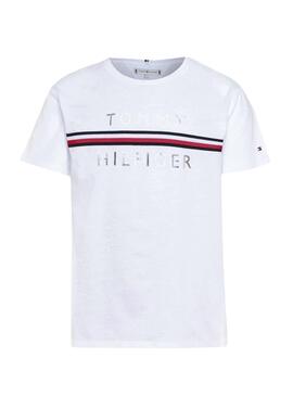 T-Shirt Tommy Hilfiger Flag Tape Bianco per Bambino