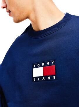 Felpa Tommy Jeans Small Flag Blu Navy per Uomo