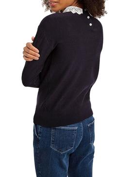 Pullover Naf Naf Blu Navy Colletto all'uncinetto per Donna