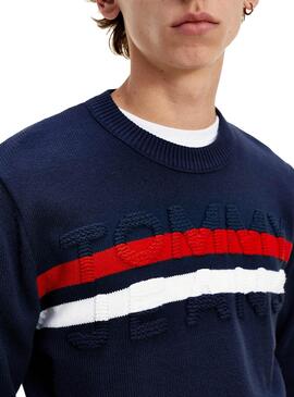 Pullover Tommy Jeans Block Stripe Blu per Uomo