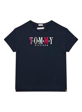 T-Shirt Tommy Hilfiger Multi Text Sateen Blu Navy